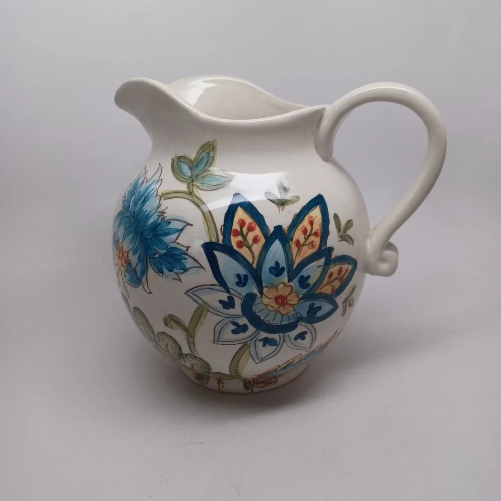 Maxcera Blue Vanilla Chintz Floral Ceramic Pitcher Hand Painted White Blue Green